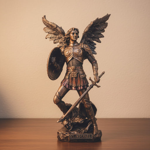 Bronze statue of an angel warrior holding a sword and shield on a wooden surface with a beige background.