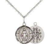 Silver religious pendant necklace on a white background