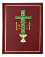 Red book cover with green cross and symbols on a white background