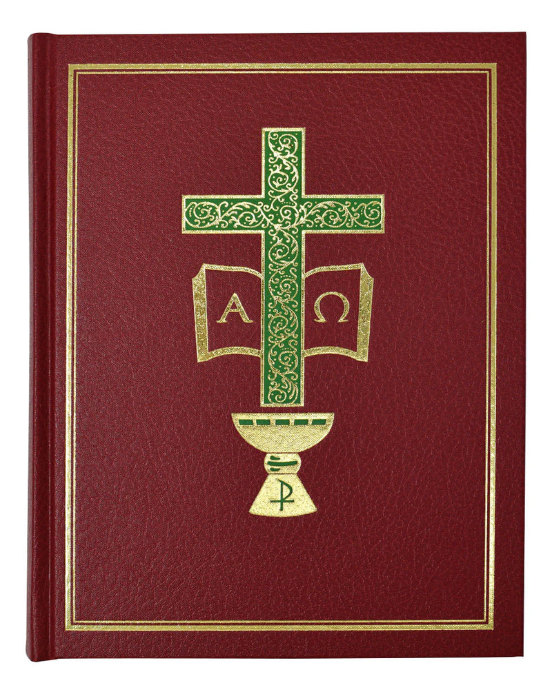 Red book cover with green cross and symbols on a white background