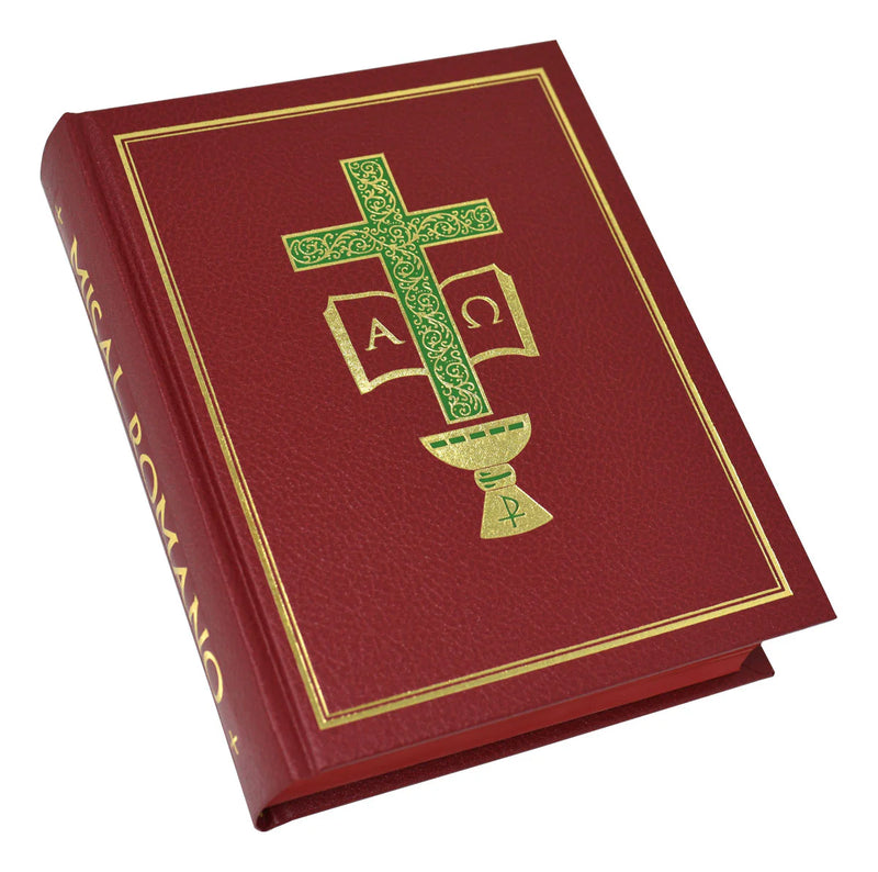Red book with green cross and chalice design on a white background