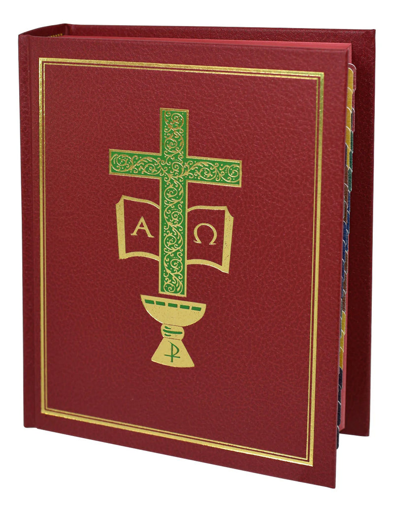 Red book with a green cross and religious symbols on a white background