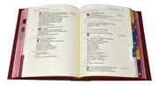 Open book with colorful tabs on a white background