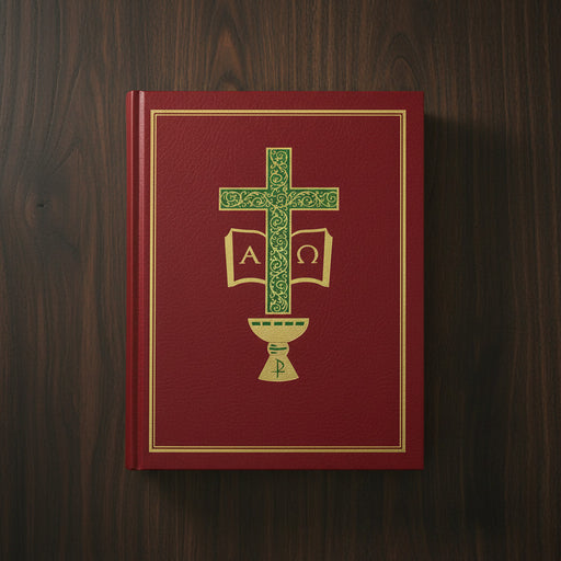 Red book with green cross and symbols on a wooden surface