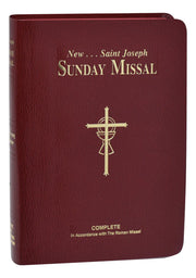 Maroon book titled 'New Saint Joseph Sunday Missal' with a gold cross on a white background
