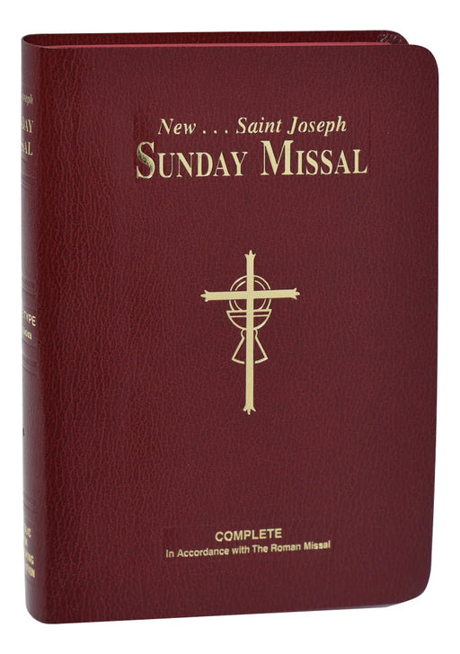 Maroon book titled 'New Saint Joseph Sunday Missal' with a gold cross on a white background
