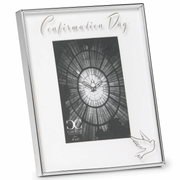 Silver photo frame with 'Confirmation Day' text and dove design on a white background