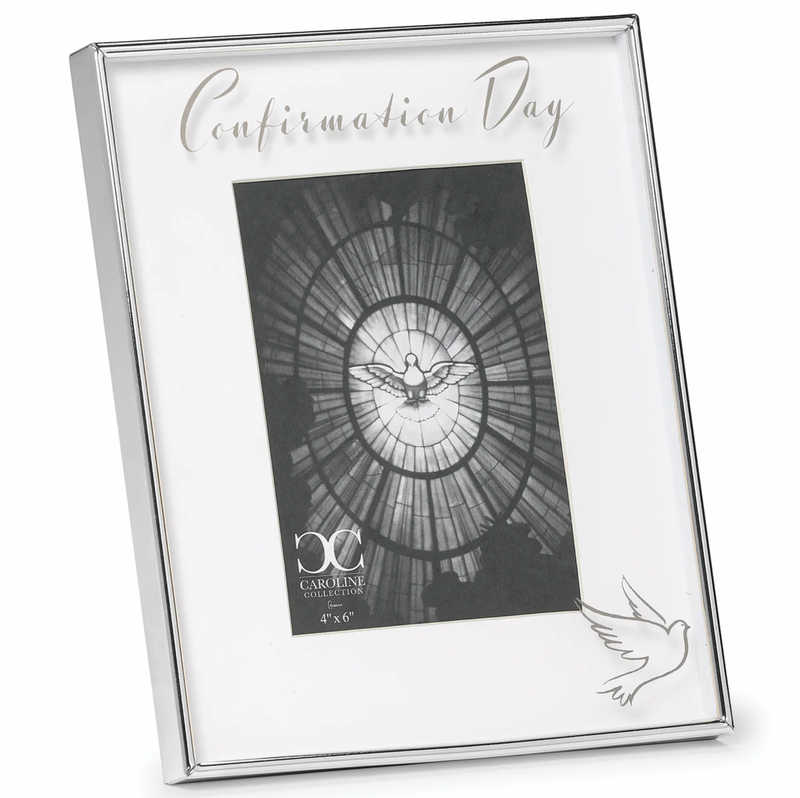 Silver photo frame with 'Confirmation Day' text and dove design on a white background