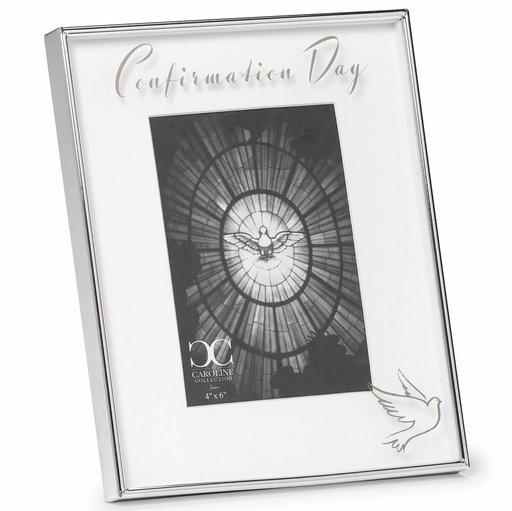Silver photo frame with 'Confirmation Day' text and dove design on a white background