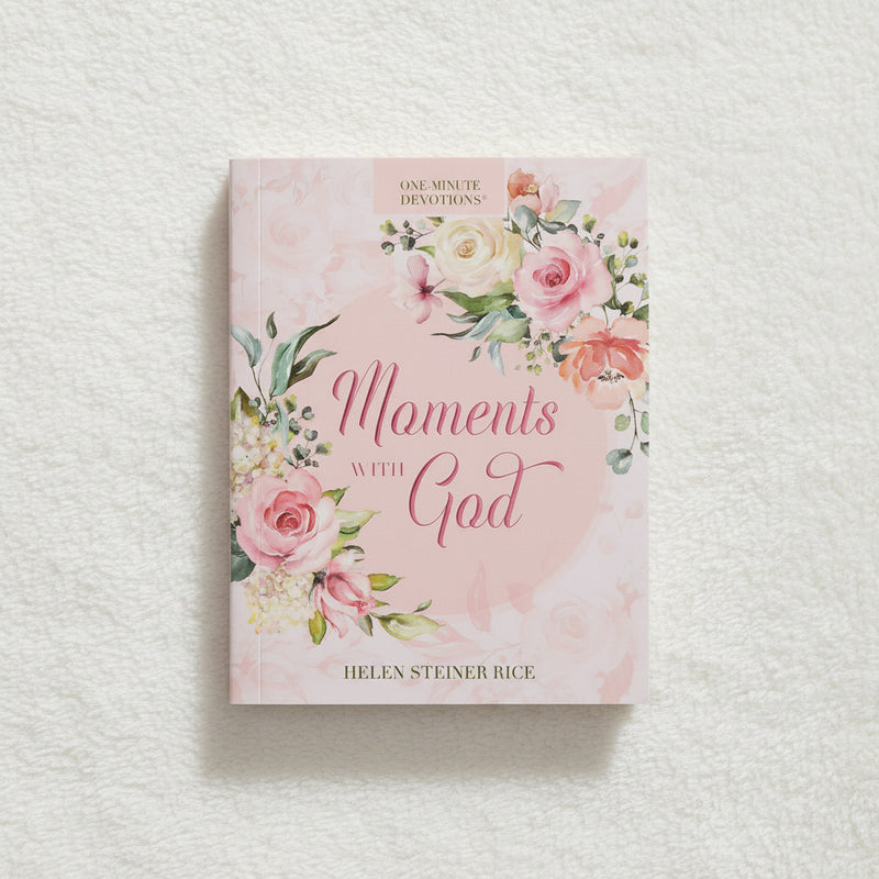 Book titled 'Moments with God' by Helen Steiner Rice on a textured white background