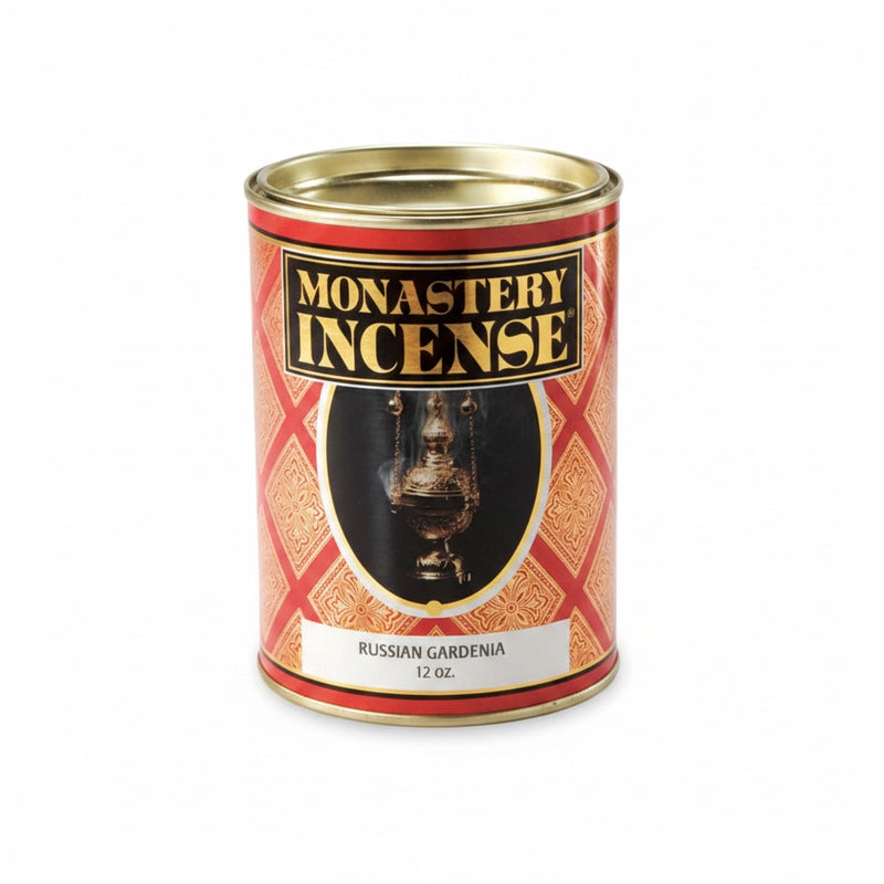 Monastery Incense canister with decorative design on a white background