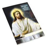 Booklet with an illustration of Jesus in white robes on the cover, titled 'Morning and Evening Prayer'.