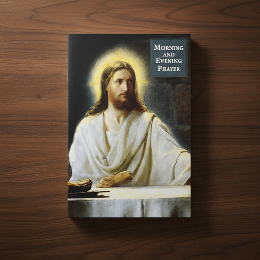 Booklet with an illustration of Jesus in white robes on the cover, titled 'Morning and Evening Prayer' on a wood background.