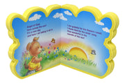 Children's book with a puppy character and sun illustration on a blue background