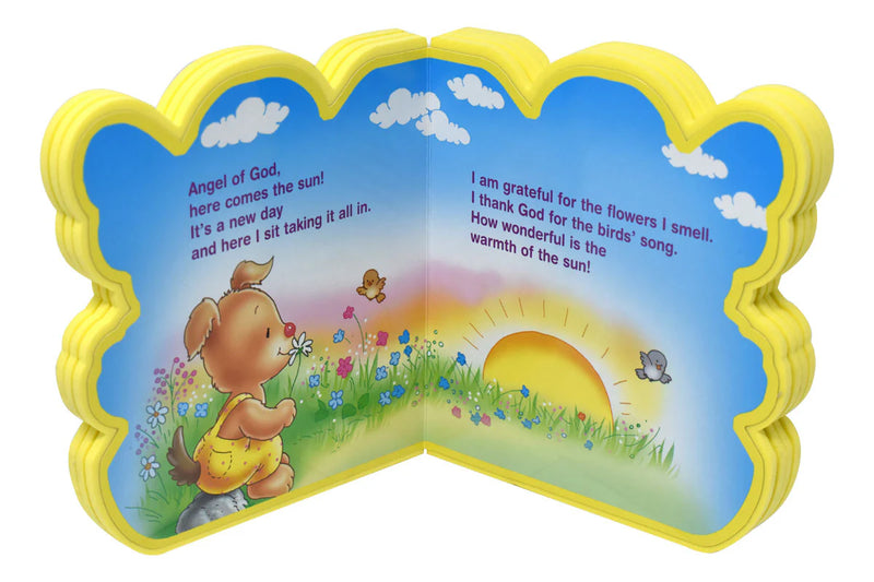 Children's book with a puppy character and sun illustration on a blue background