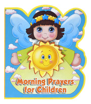 Book cover of 'Morning Prayers for Children' with an angel and sun design on a blue background.