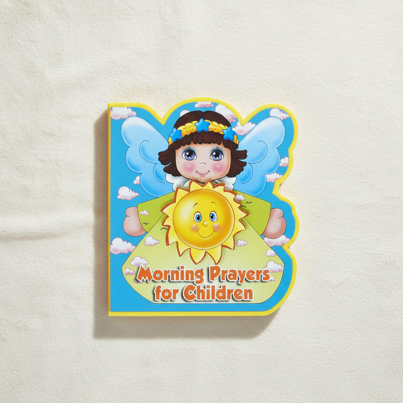Children's book titled 'Morning Prayers for Children' with a cartoon angel on a light background