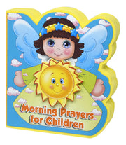 Children's book titled 'Morning Prayers for Children' with an angel character and sun illustration on a blue background.