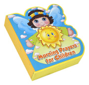 Children's book titled 'Morning Prayers for Children' with a cartoon angel and sun design on the cover.