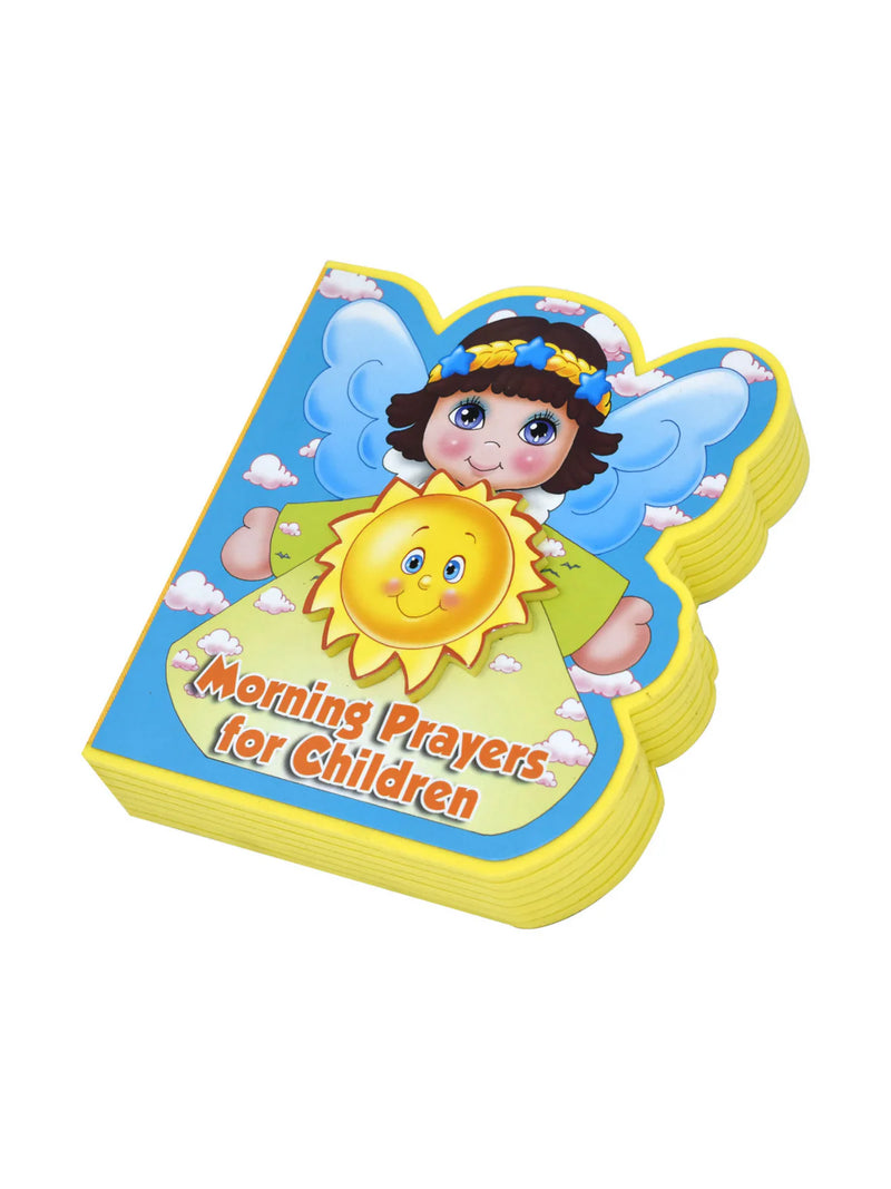 Children's book titled 'Morning Prayers for Children' with a colorful cover featuring angel and sun.