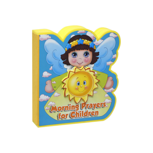 Children's book titled 'Morning Prayers for Children' with a cartoon angel character on a white background