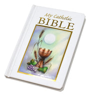 White Bible cover with 'My Catholic Bible' text and religious symbols on a white background