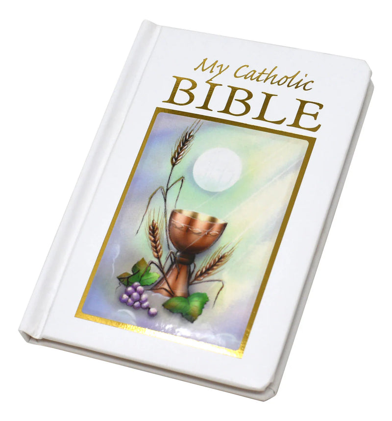 White Bible cover with 'My Catholic Bible' text and religious symbols on a white background