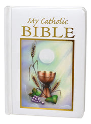 Catholic Bible with chalice and grapes illustration on a white background