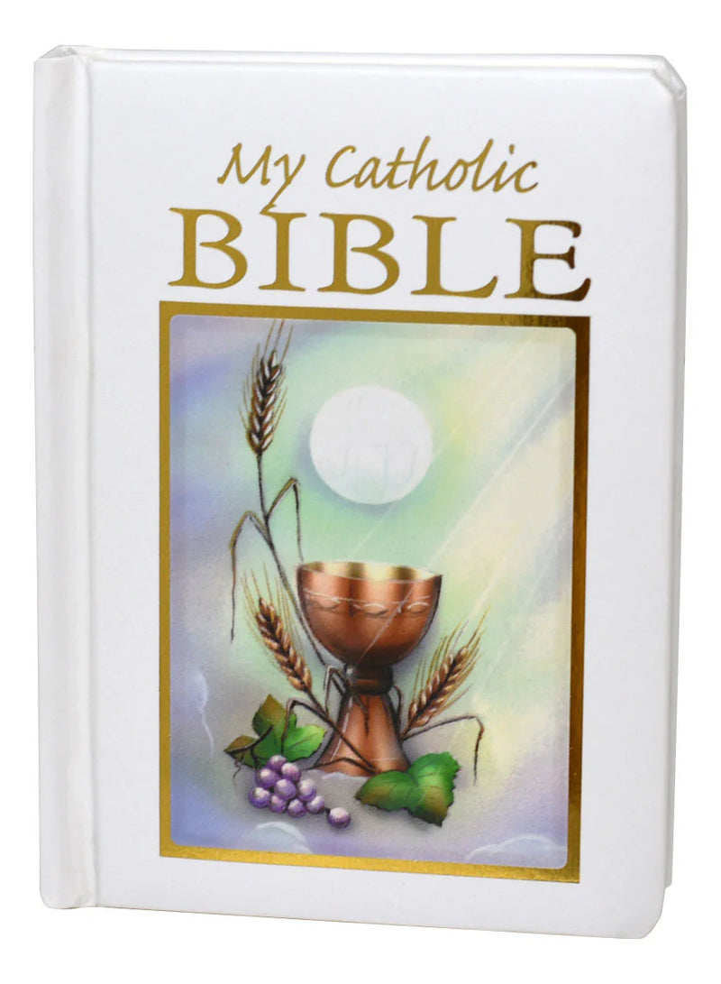 Catholic Bible with chalice and grapes illustration on a white background