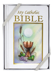 Catholic Bible in a box with a chalice and bread illustration on the cover.