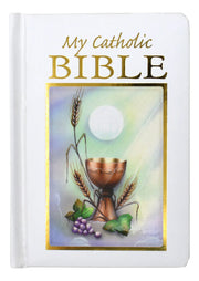 Cover of 'My Catholic Bible' with chalice and host illustration on a white background