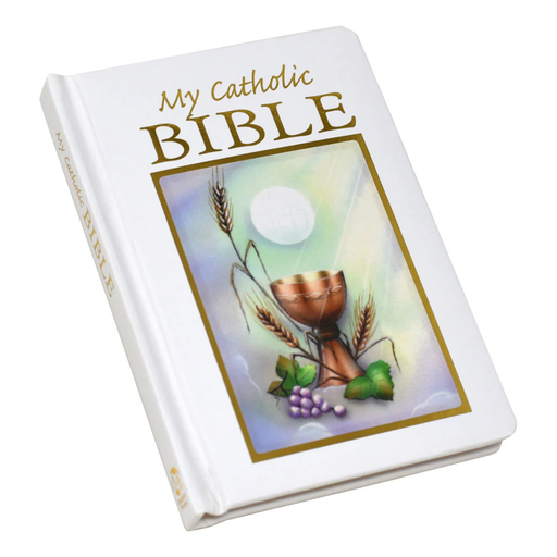 Catholic Bible with cover design featuring a chalice, bread, and grapes on a white background