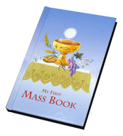 Book titled 'My First Mass Book' with religious illustrations on a white background
