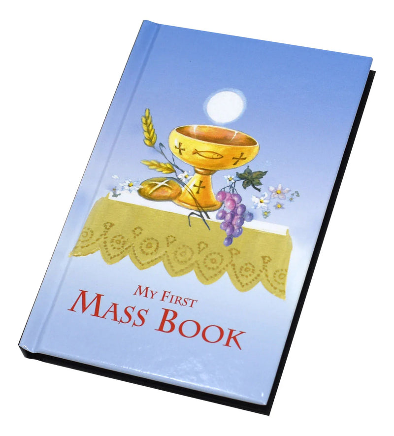 Book titled 'My First Mass Book' with religious illustrations on a white background