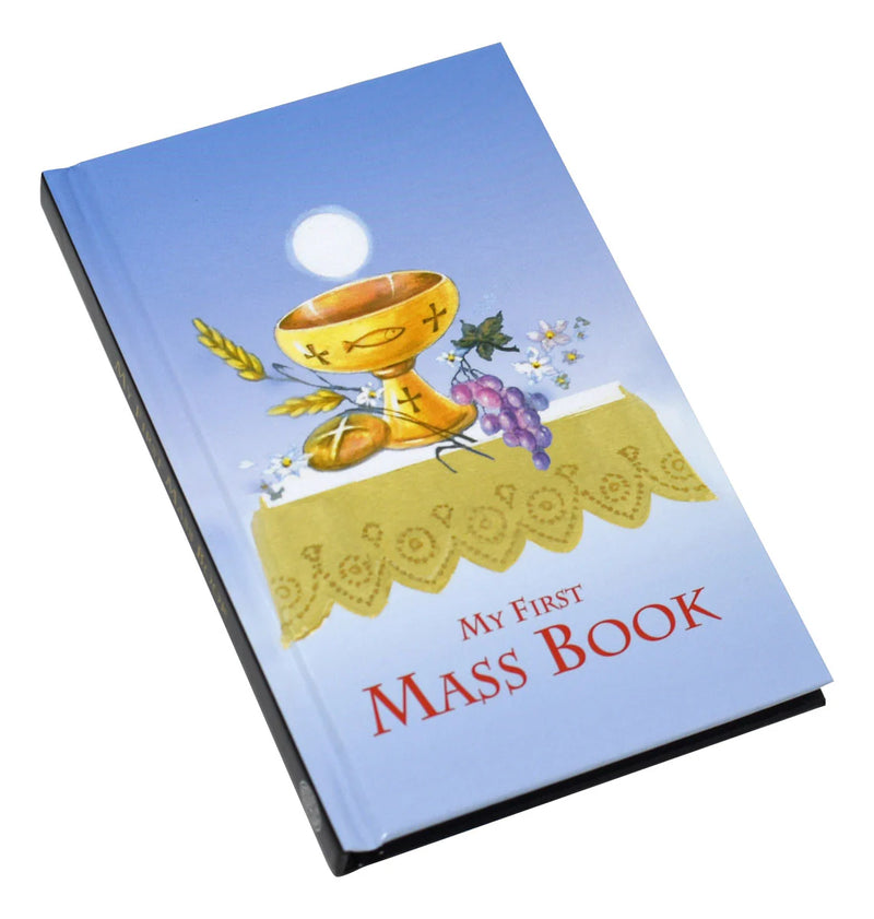 Book titled 'My First Mass Book' with a chalice and host illustration on a blue background