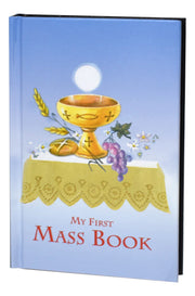 Book titled 'My First Mass Book' with a chalice, bread, and grapes illustration on a blue background.