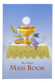 Cover of 'My First Mass Book' with a chalice, bread, and grapes illustration on a blue background.