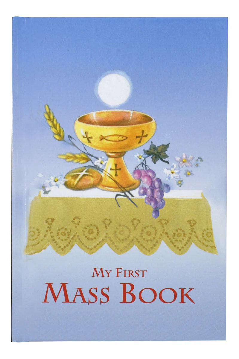 Cover of 'My First Mass Book' with a chalice, bread, and grapes illustration on a blue background.