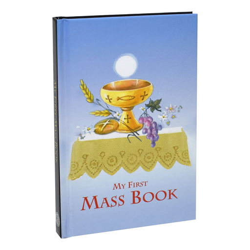Book titled 'My First Mass Book' with a chalice and Host illustration on a blue background