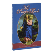 Book cover of 'My Prayer Book' with a religious illustration on a blue background