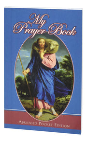 Cover of 'My Prayer Book' with an illustration of a shepherd holding a lamb on a blue background.