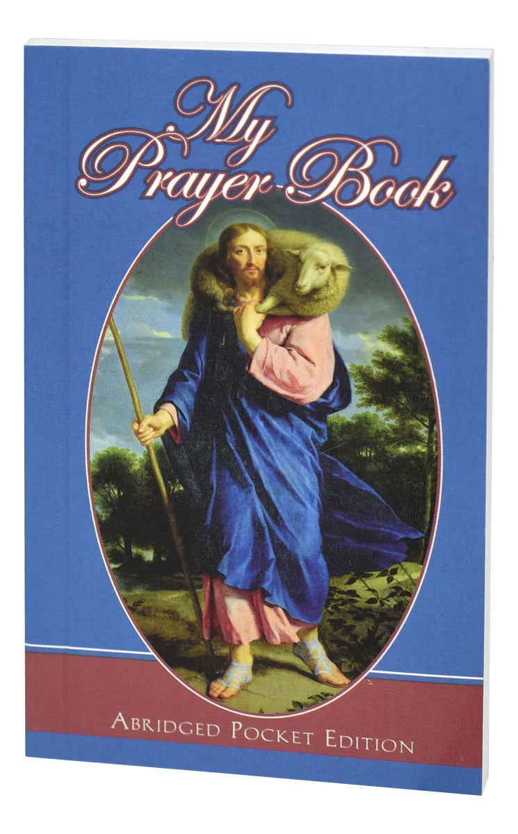 Cover of 'My Prayer Book' with an illustration of a shepherd holding a lamb on a blue background.