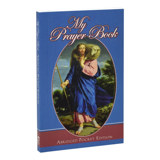 Book cover of 'My Prayer Book' with a religious illustration on a blue background