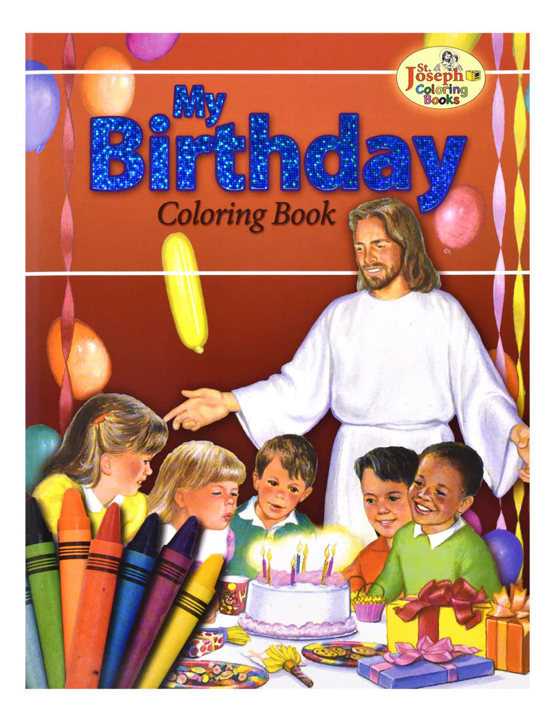 Orange coloring book featuring an image of Jesus at a child's birthday party