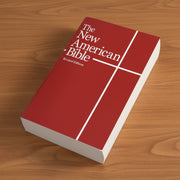 Red New American Bible on a wood surface