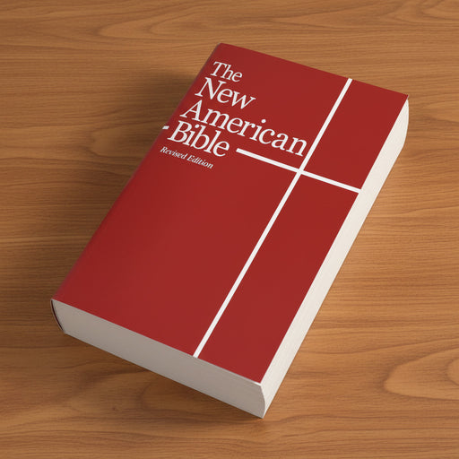 Red New American Bible on a wood surface