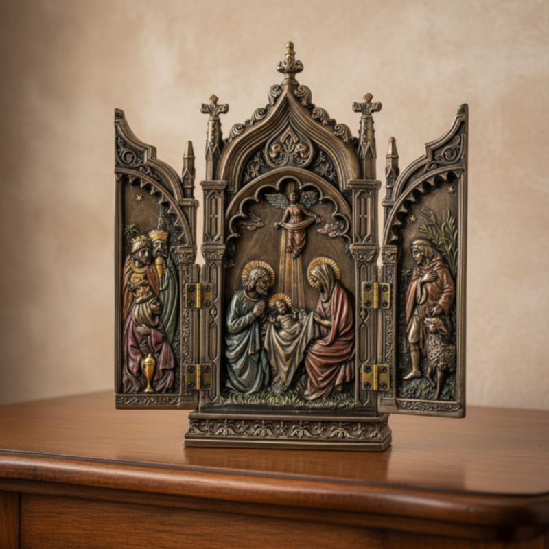 Decorative Nativity triptych on a wooden surface with a beige background