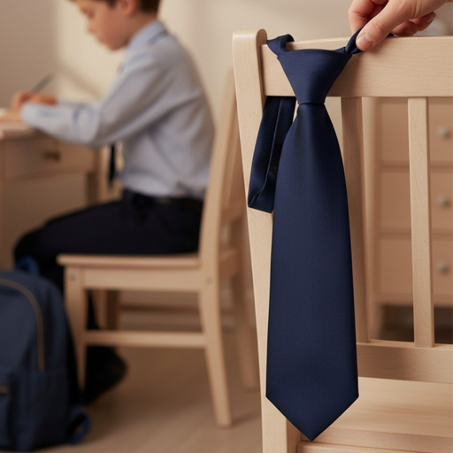 A navy blue Communion tie hanging over the back of a chair in a boy's bedroom