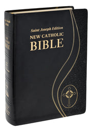 Black leather-bound Bible with gold text and design on a white background