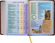 Open book with religious text and illustrations on a white background